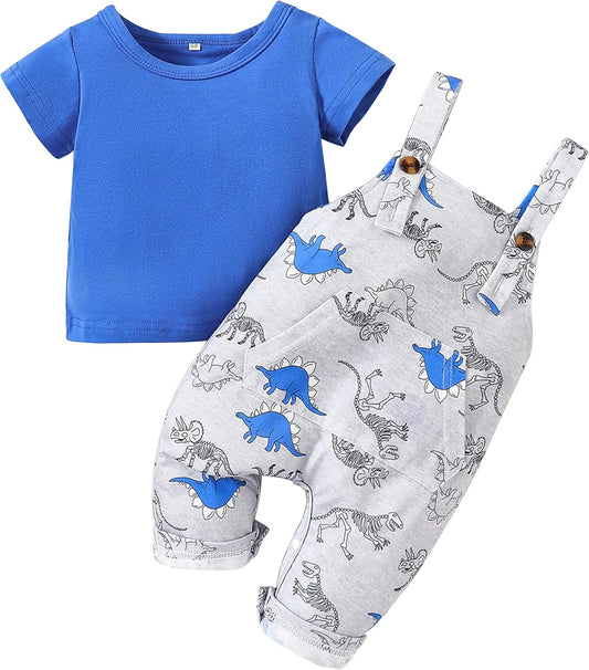 Infant Baby Boy Clothes Summer Outfits Short Sleeve T-Shirt Tops + Cartoon Overalls Pants 2Pcs Clothing Set