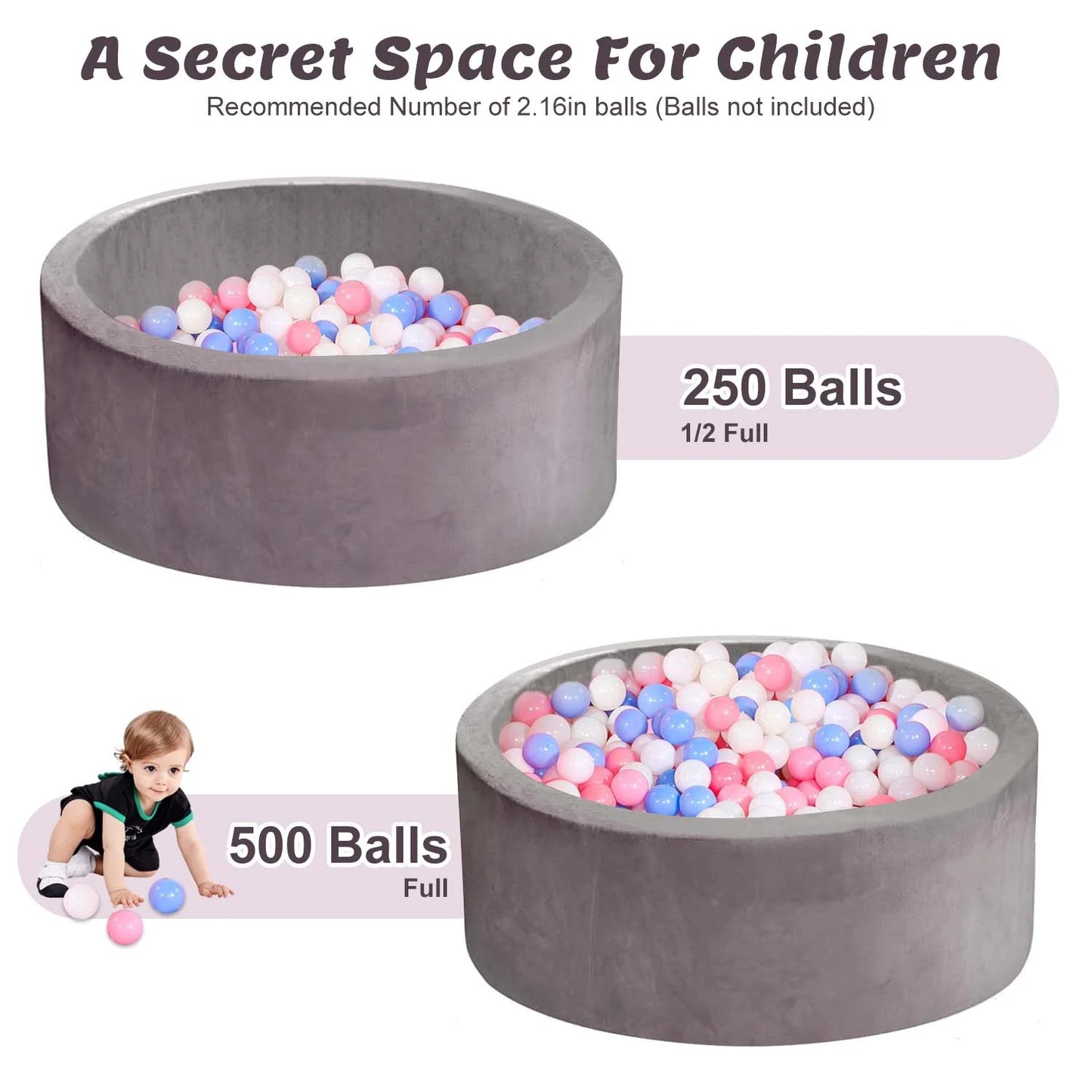 Foam Ball Pit - Soft Play for Baby Infants and Toddlers Ages 1-3, round Shape, No Balls Included, Gray