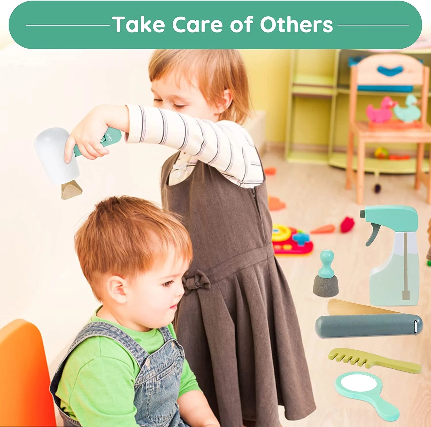 Kids Hair Salon Playset, Wooden Makeup Toy Set, Hair Styling Toys for Girls, Kids Shaving Kit for Boys, Kids Barber Playset, Gifts for 3 4 5 Year Old Girls Boys (18 PCS)