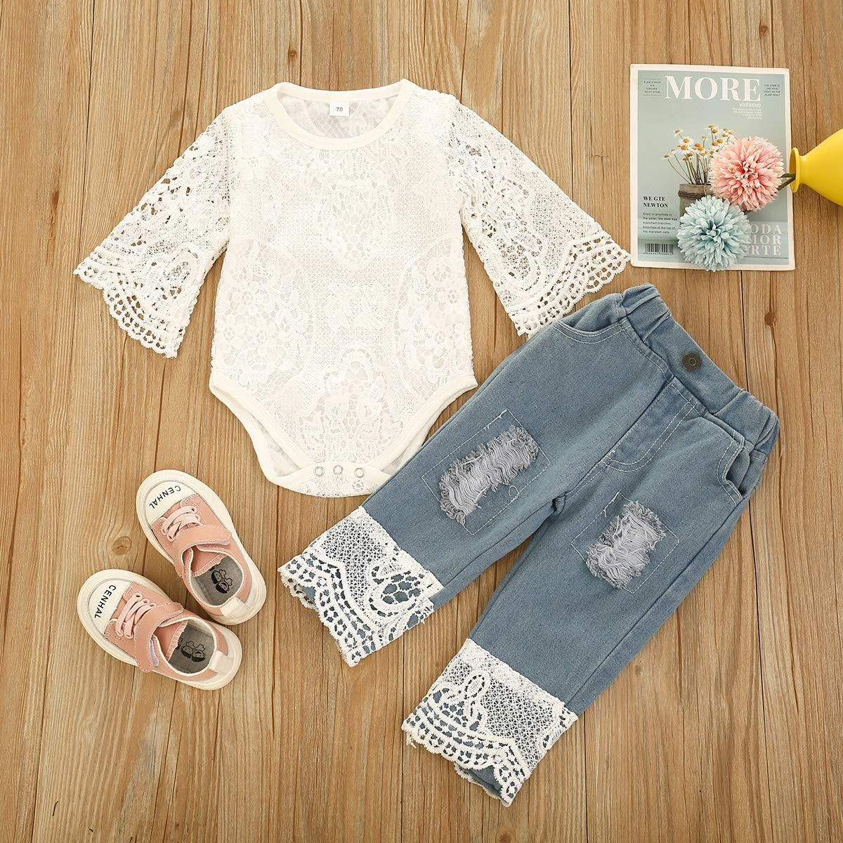 Newborn Infant Baby Girls Clothes Summer off Shoulder Sleeve Lace Romper Tops+Ruffles Tulle Shorts