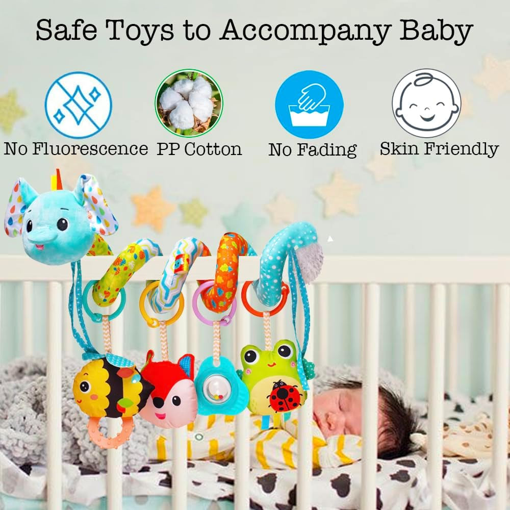 Stroller Toys, Car Seat Toys for Babies Infants 0-6 Months, Activity Spiral Plush Hanging Toy Gift for Baby Boys and Girls 0 3 6 12 Months Newborn Sensory Toy with Rattles Squeaker Music -Blue