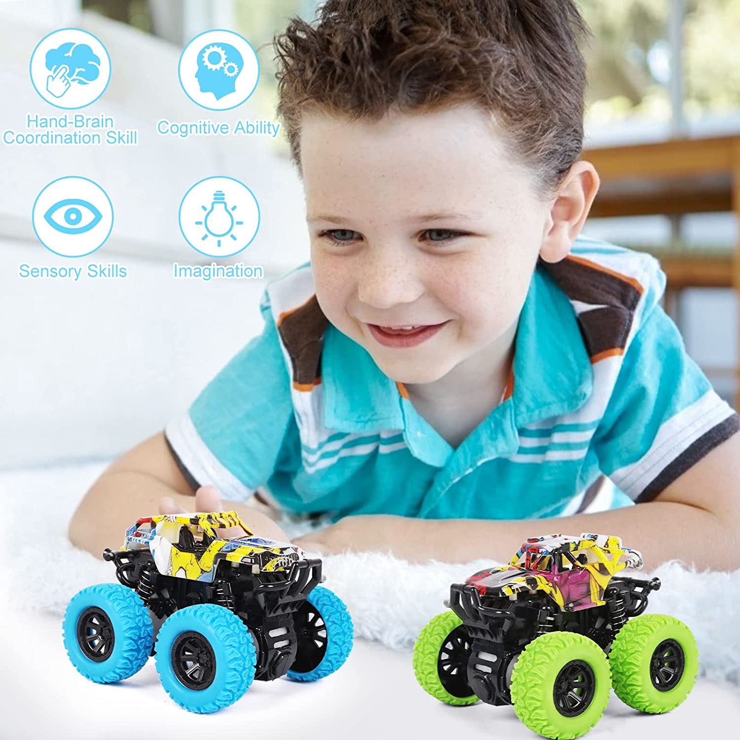 Monster Truck Toys for Ages 2-4, Friction Cars for Toddlers 1-3 Push and Go 360° Rotating Stunt Car for 2+ Year Old Boys Girls Gifts (2 Pack - Blue and Green)