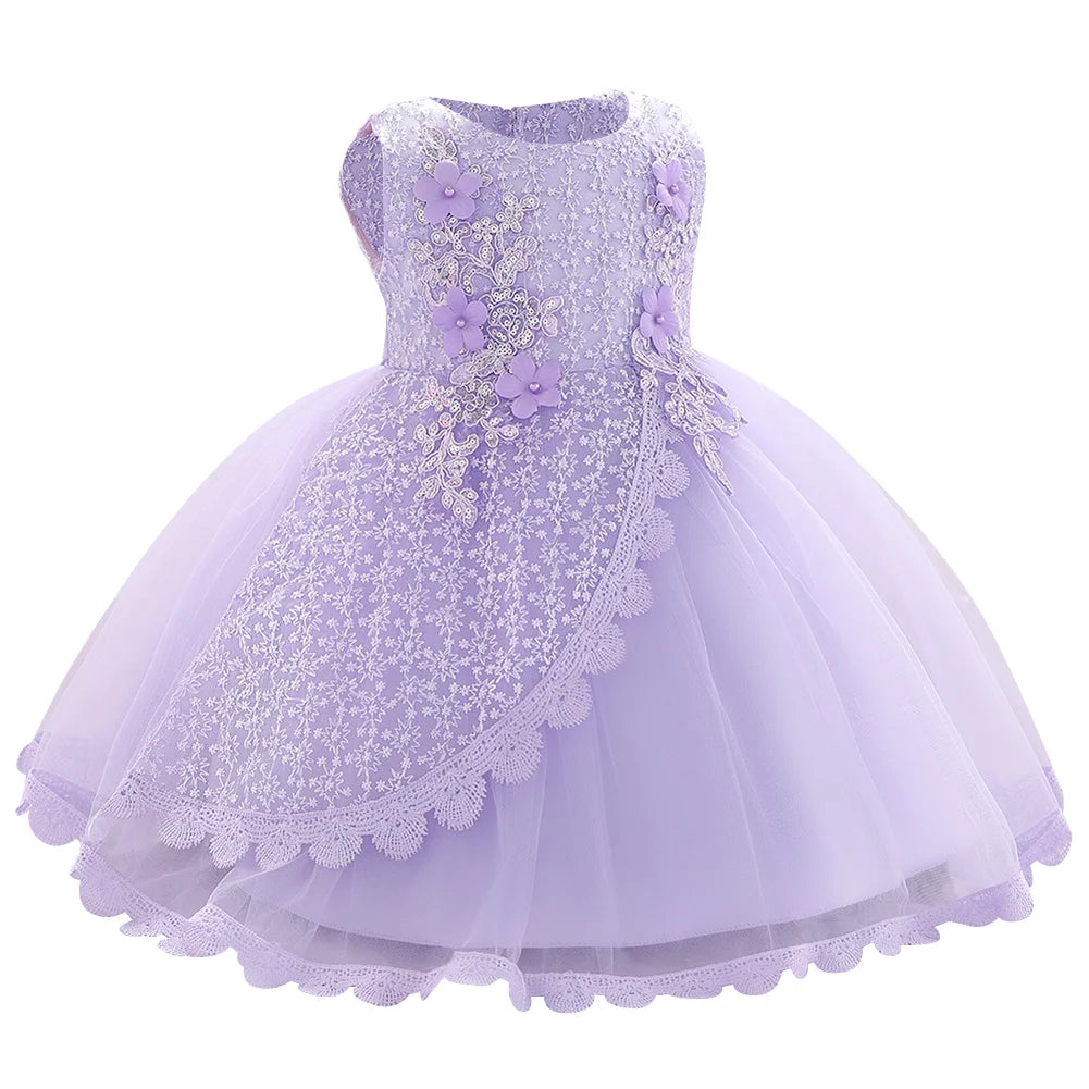 Baby Girl Flower Dress Sleeveless Lace Bowknot Princess Tulle Tutu Bridesmaid Wedding Baptism Birthday Party Prom Gown 9-12 Months Purple