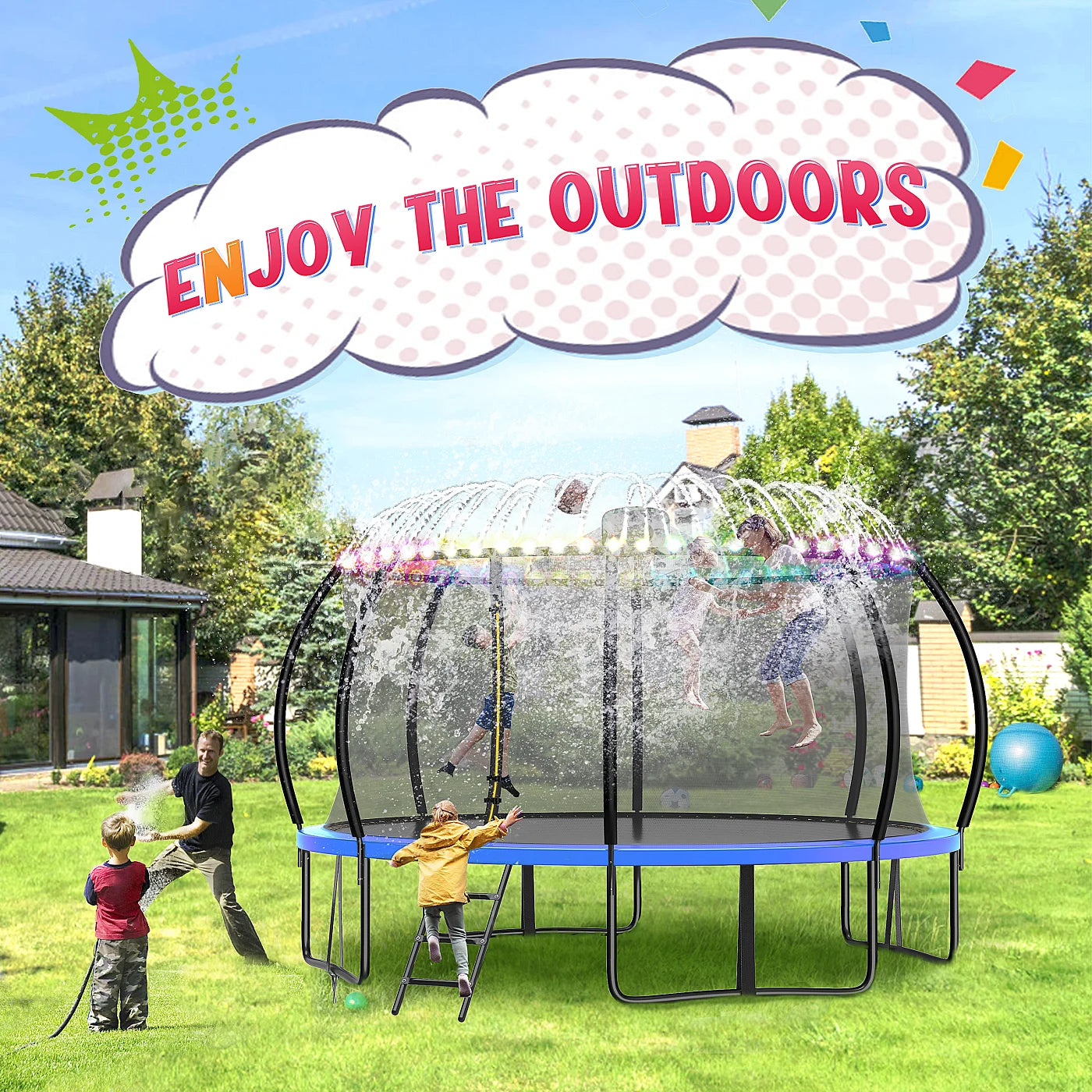 Pumpkin Trampoline with Basketball Hoop,Sprinkler,Light, 1000Lbs 10FT 12FT 14FT Trampoline for Adults and Kids, No Gap Design Backyard Trampoline with Enclosure Net, Ladder, Blue