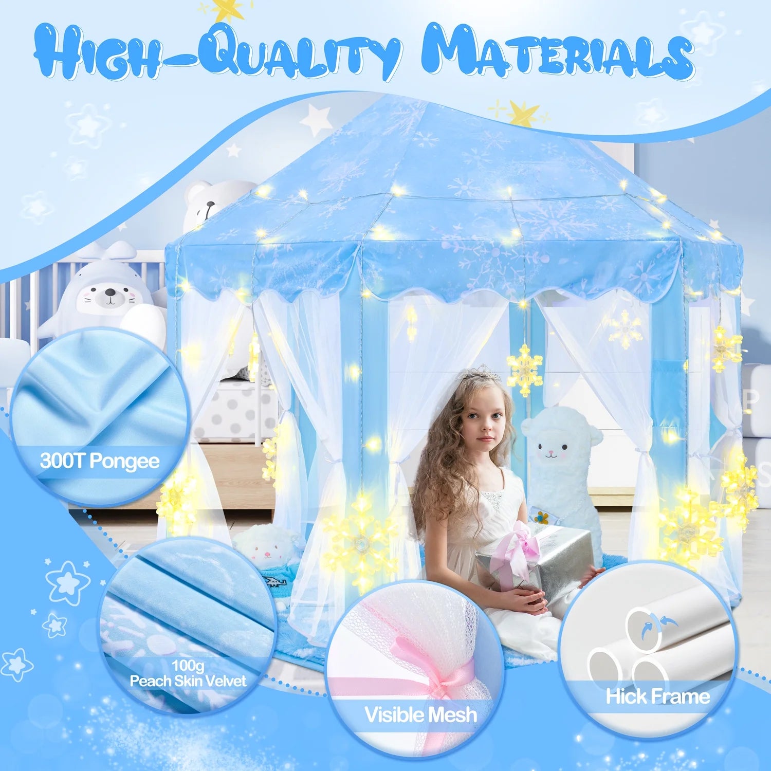 Frozen Princess Tent with Large Snowflake Lights, Frozen Tent for Girls Age 4-7, Kids Play Tent for Girls Indoor, Princess Castle Playhouse Tent for Toddlers, Blue Frozen Toy Tent 55X53 Inch