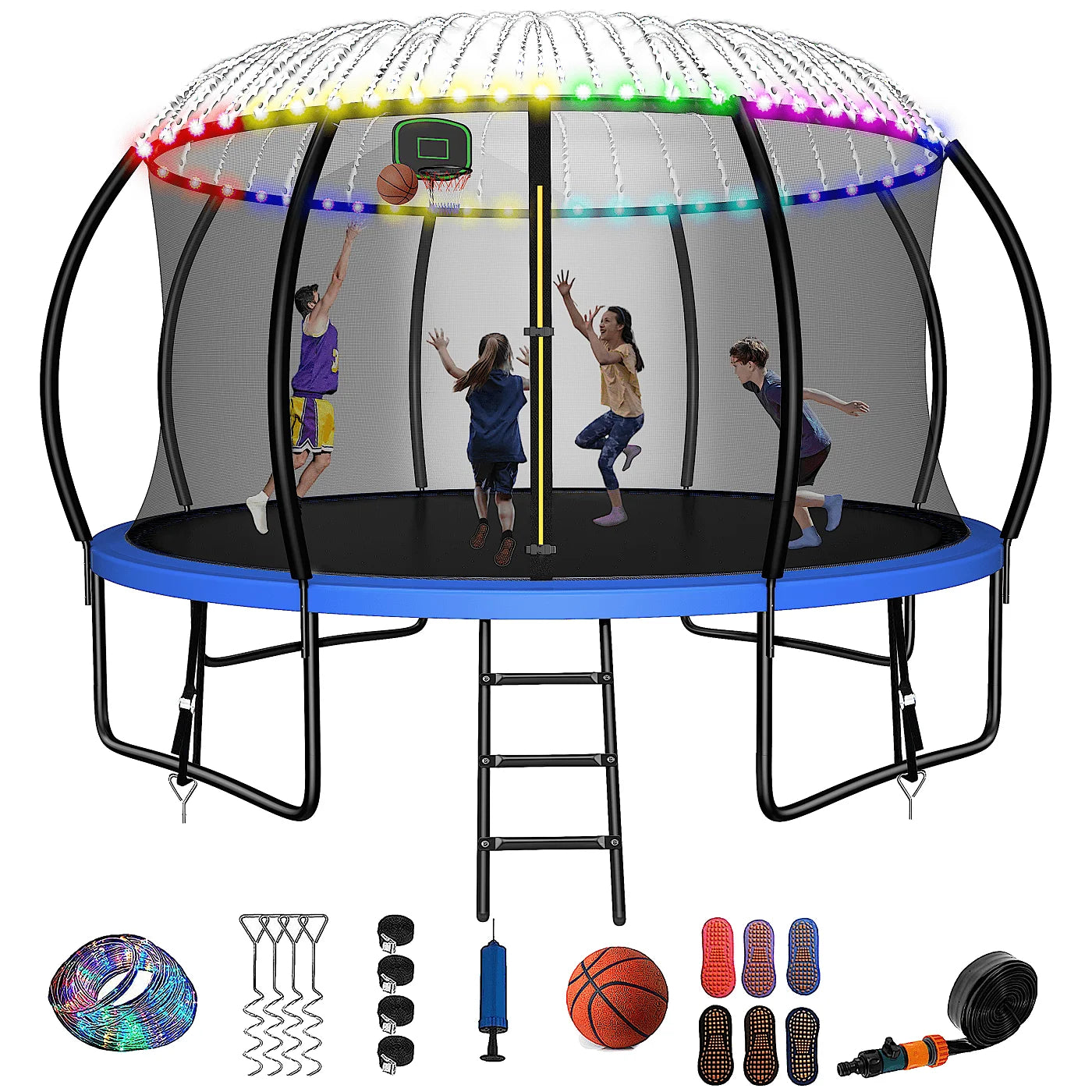Pumpkin Trampoline with Basketball Hoop,Sprinkler,Light, 1000Lbs 10FT 12FT 14FT Trampoline for Adults and Kids, No Gap Design Backyard Trampoline with Enclosure Net, Ladder, Blue