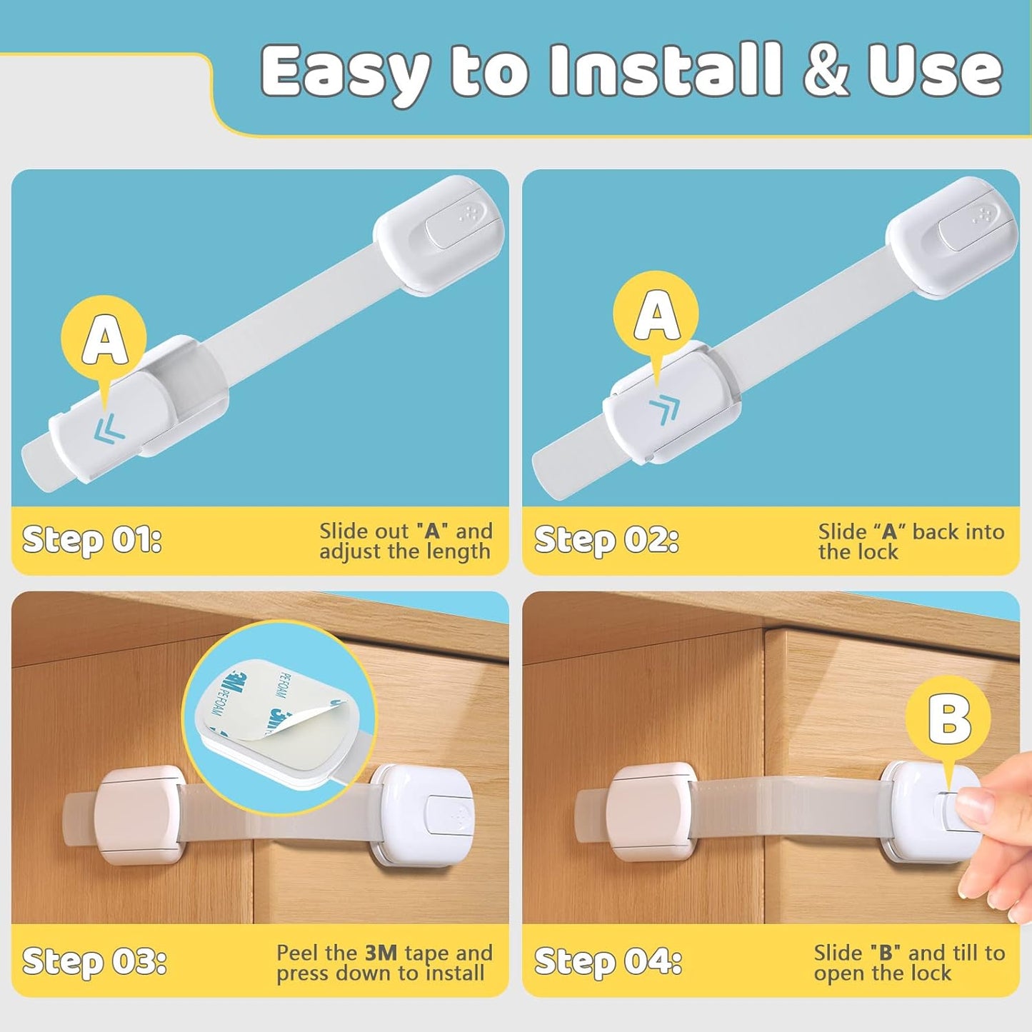 10 Pack Baby Proof Cabinet Latches, Childproof Drawer Latches with 6 Extra 3M Adhesives, Adjustable Child Safety Cabinet Strap Locks, Baby Drawer Locks for Kids and Child Safety