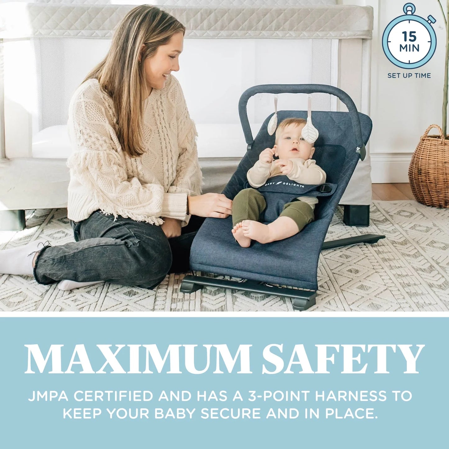 Alpine Deluxe Portable Baby Bouncer, for Infants 0-6 Months, Quilted Indigo