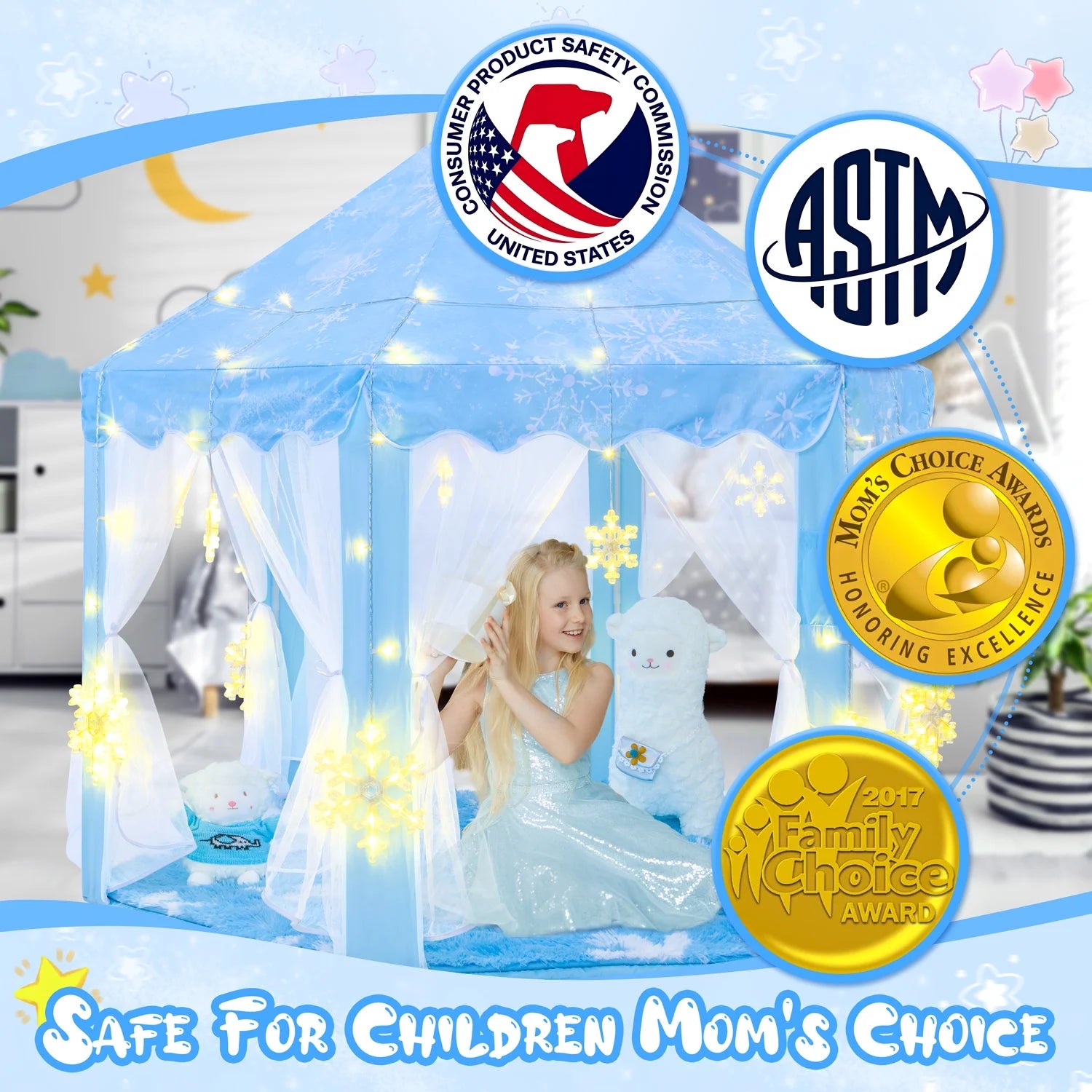 Frozen Princess Tent with Large Snowflake Lights, Frozen Tent for Girls Age 4-7, Kids Play Tent for Girls Indoor, Princess Castle Playhouse Tent for Toddlers, Blue Frozen Toy Tent 55X53 Inch