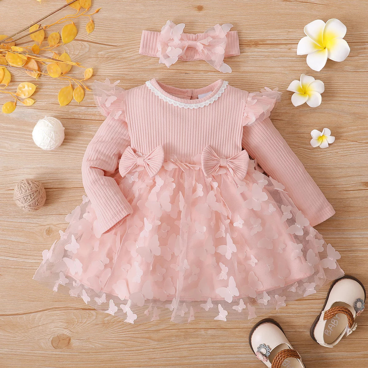 2Pcs Baby Girl Pink Mesh Dress Set,Ribbed Long Sleeve Splicing 3D Butterfly Appliques Princess Dress Pageant Party Birthday Wedding Flower Girl Dress,0-3T