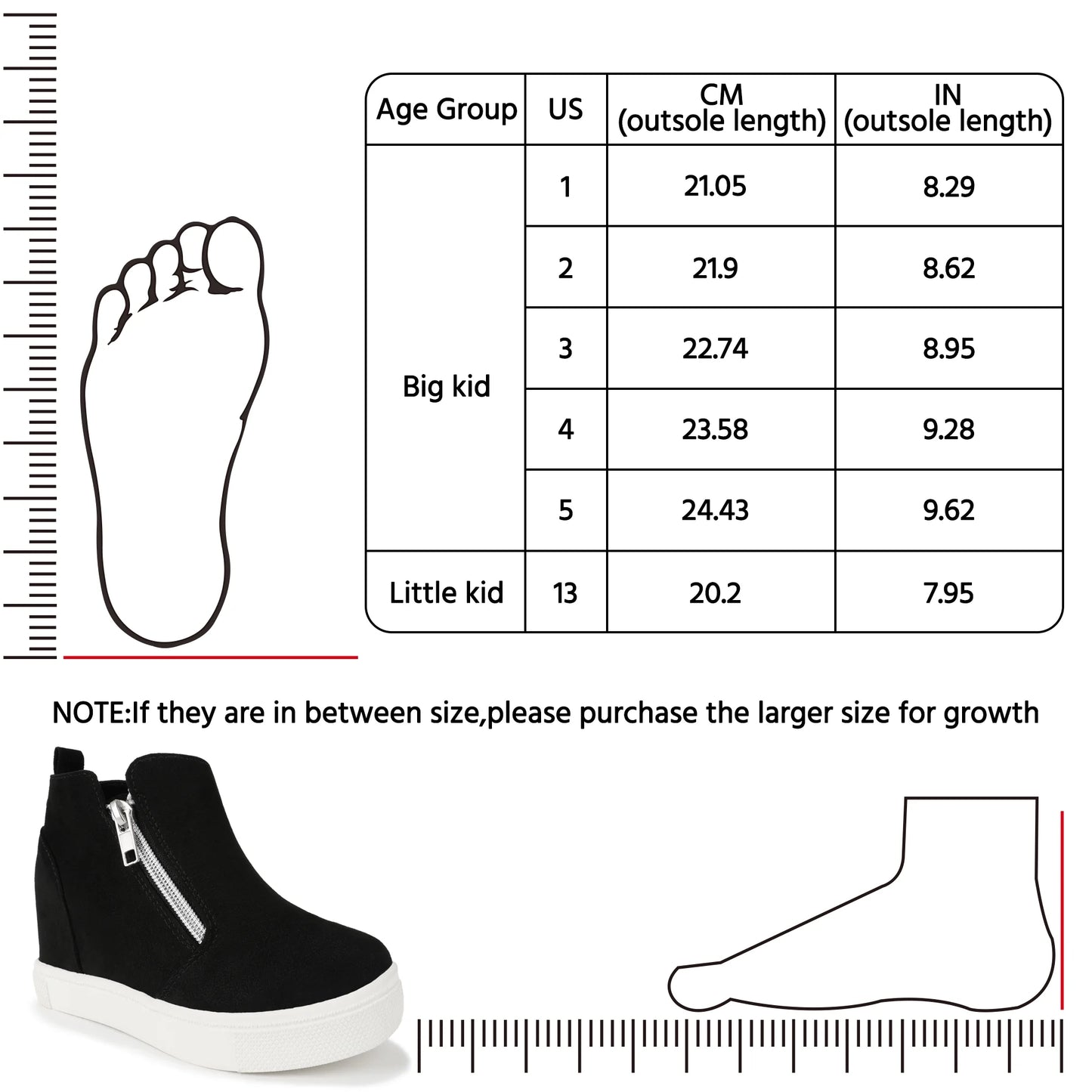 Girls Sneakers Girls Fashion Wedge Sneaker Shoes Little Big Kid High Top Shoes with Side Zipper Black Size 5 Big Kid