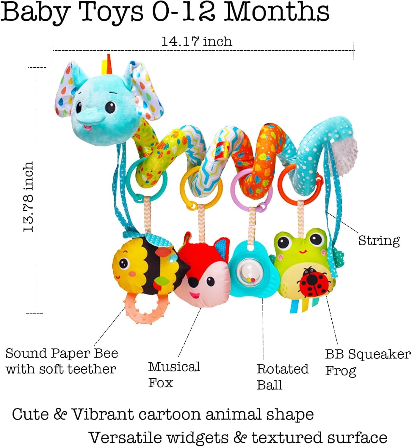 Stroller Toys, Car Seat Toys for Babies Infants 0-6 Months, Activity Spiral Plush Hanging Toy Gift for Baby Boys and Girls 0 3 6 12 Months Newborn Sensory Toy with Rattles Squeaker Music -Blue
