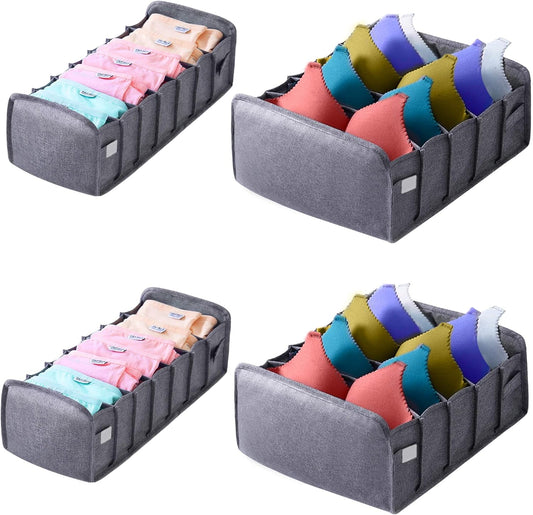 4 Pack Underwear and Bra Organizers, Foldable Closet Drawer Organizer, Grey