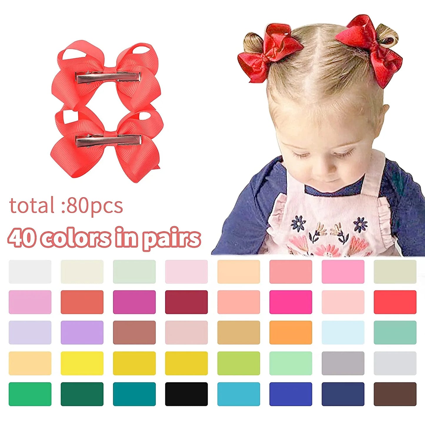 80 Pcs Hair Accessories for Girls, 3" Hair Bows Alligator Clips for Babies Toddlers Teens