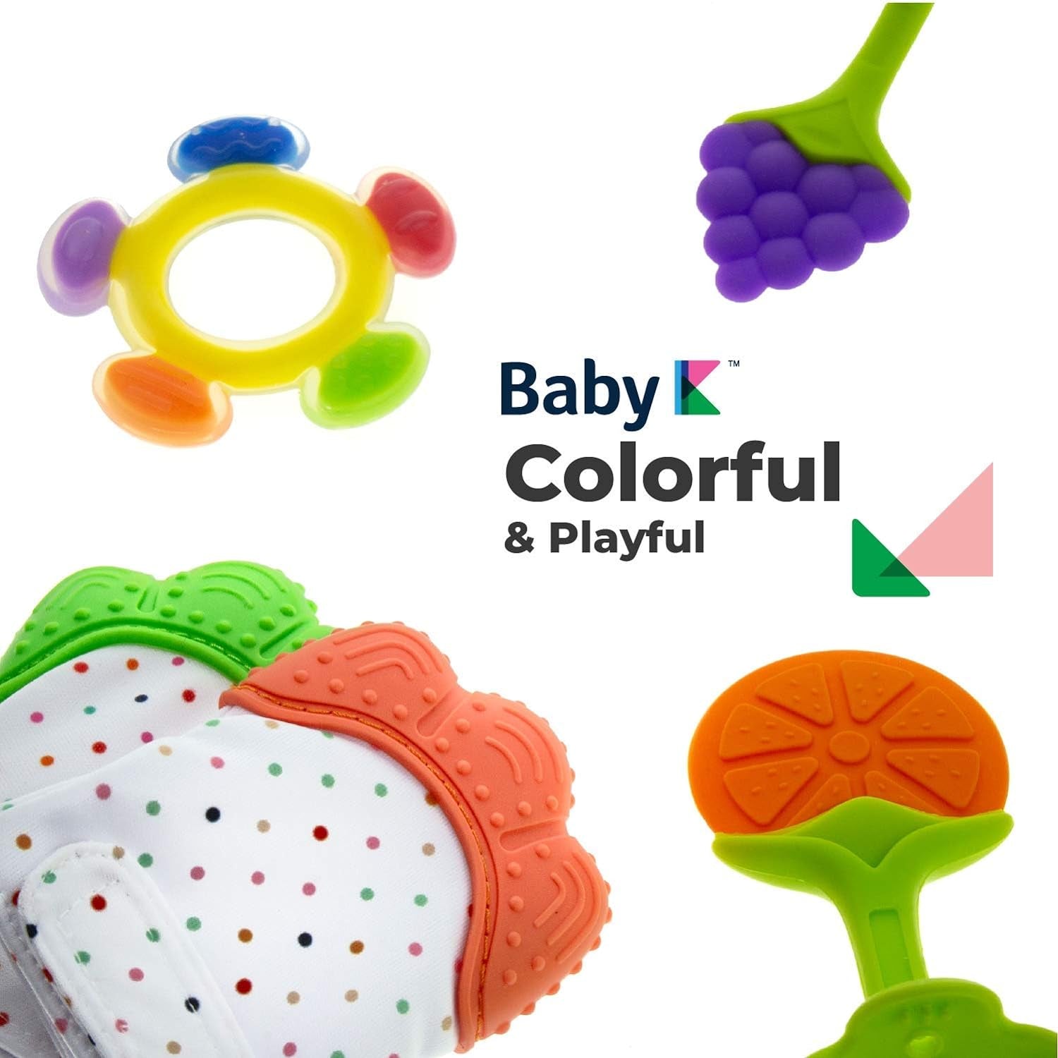 Teething Toys Set (Green Set B) - Baby Teething Mitten & Ferris Wheel Baby Teething Toys - Silicone Teether Toys for Infant Teething Relief - Fruit Teethers for Babies 0-6, 6-12 Months