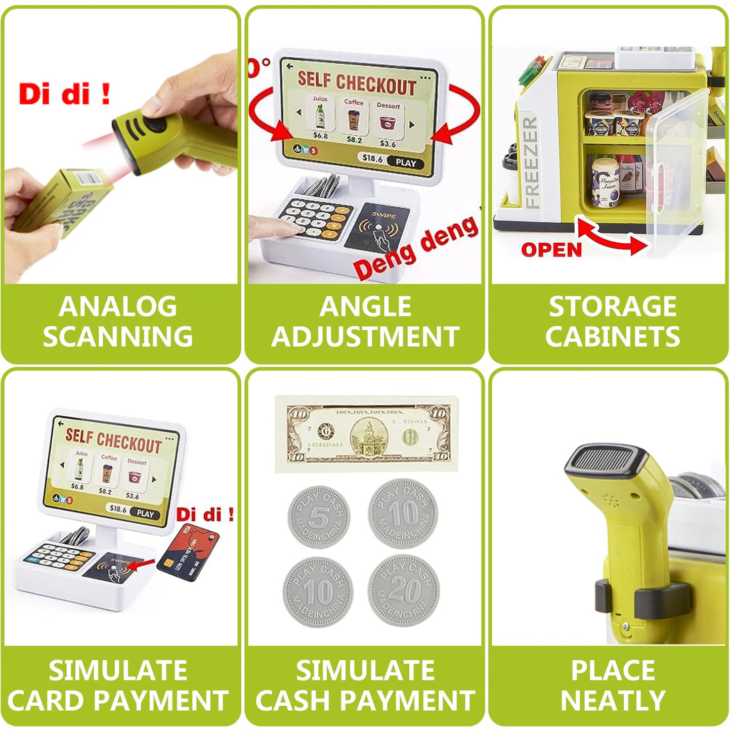 46PCS Upgraded Cash Register Playset for Kids, Cashier Register Toy, Kids Pretend Play Cash Register Toys with Scanner, Shopping Cart, Calculator, Play Food, Toys for Girls 3 6 Years-Green