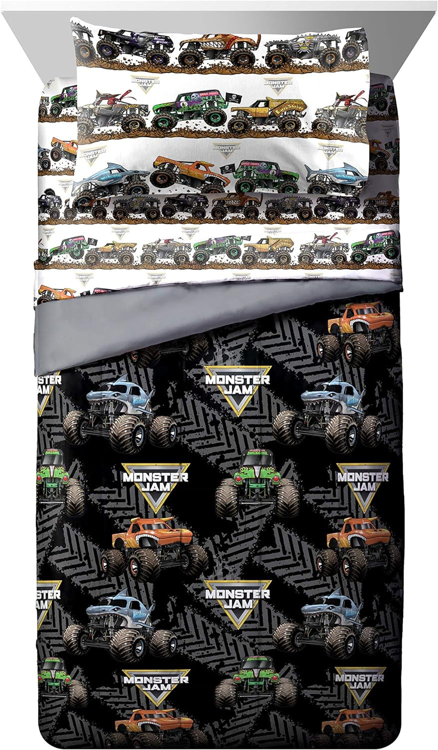 Monster Jam Tracks 4 Piece Twin Bed Set - Includes Comforter & Sheet Set - Bedding Features Grave Digger & Megalodon - Super Soft Fade Resistant Microfiber (Official Monster Jam Product)