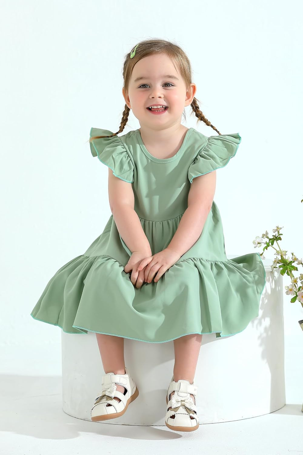 Toddler Baby Girl Boho Dress Linen Ruffle Sleeveless Casual Dress Kids Solid Floral Summer Beach Sundress