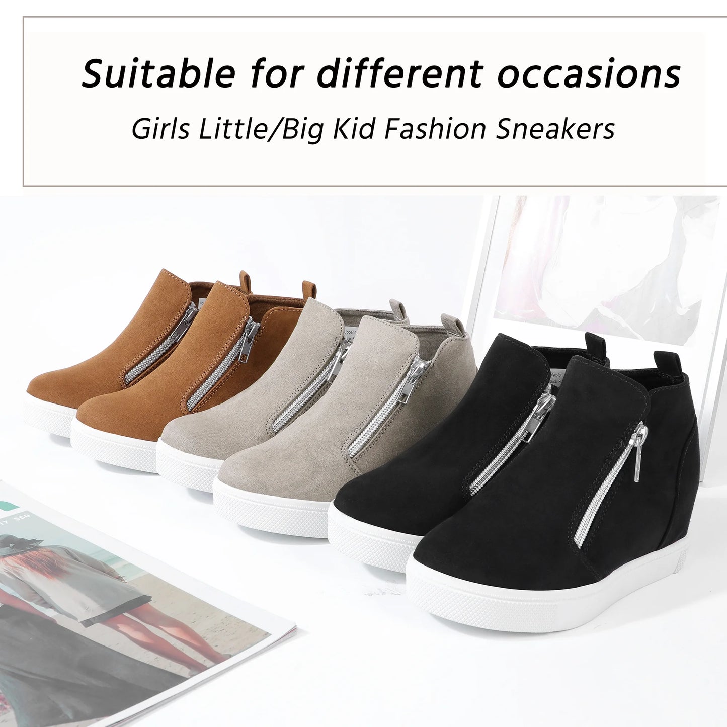 Girls Sneakers Girls Fashion Wedge Sneaker Shoes Little Big Kid High Top Shoes with Side Zipper Black Size 5 Big Kid