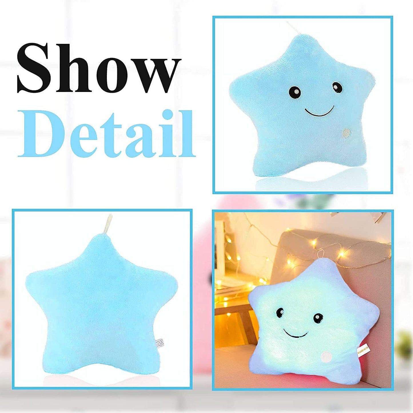 Cute LED Night Light up Throw Pillow Inserts Star Stuffed Animals Plush Toys for Kids Children’S Day Gift Son Daughter Girls Boys,Decorative Blue Throw Pillows for Couch,Sofa,Bed,Room,Office
