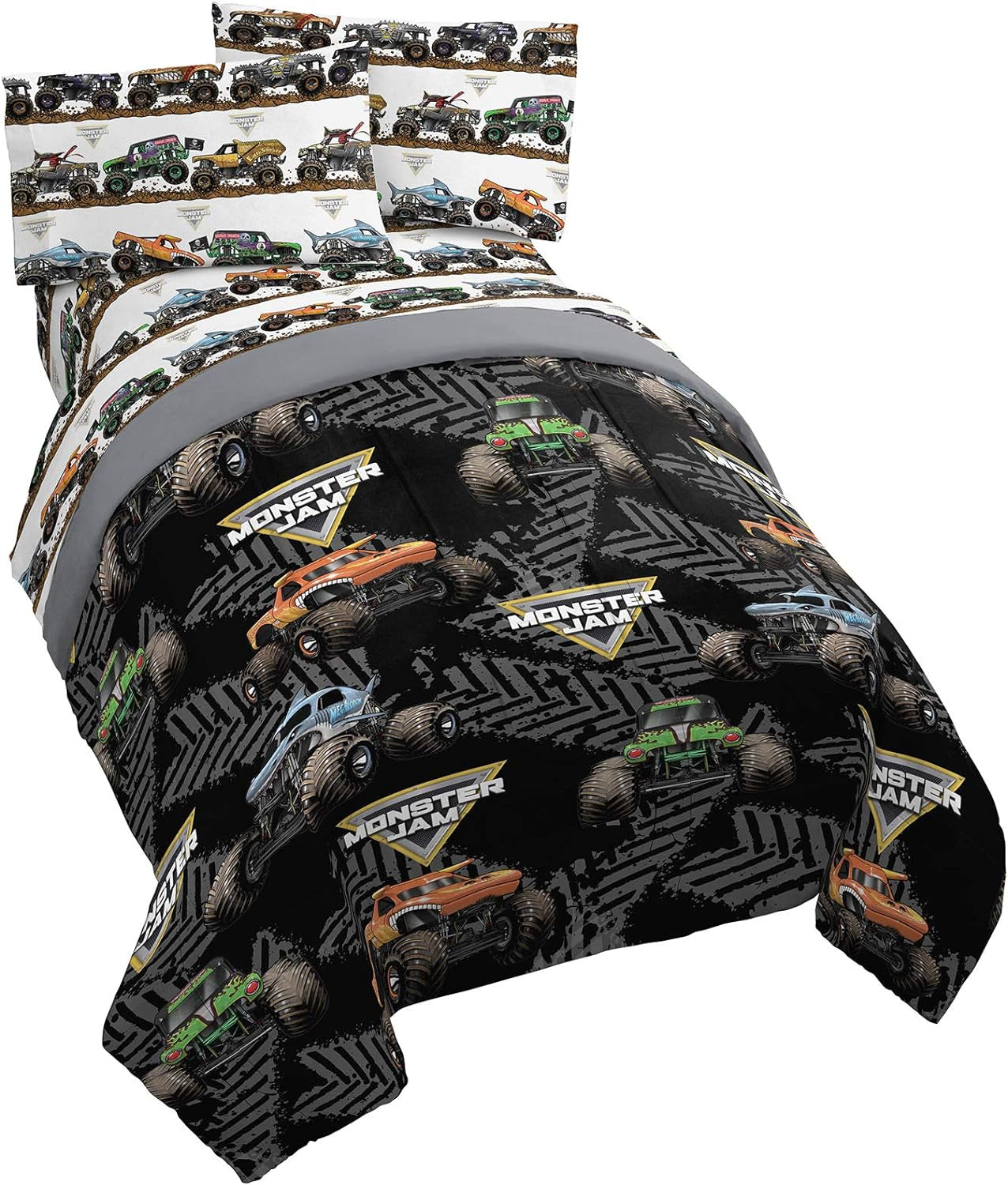 Monster Jam Tracks 4 Piece Twin Bed Set - Includes Comforter & Sheet Set - Bedding Features Grave Digger & Megalodon - Super Soft Fade Resistant Microfiber (Official Monster Jam Product)
