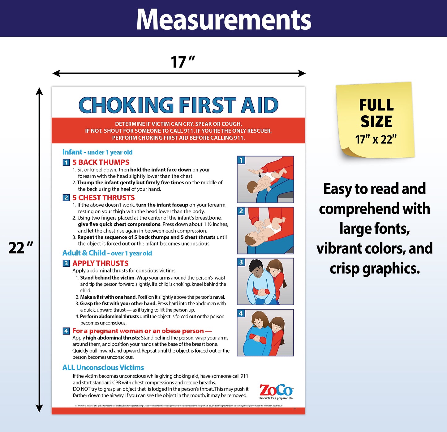 : Heimlich Maneuver / Choking First Aid Poster - Laminated, 17 X 22 In.