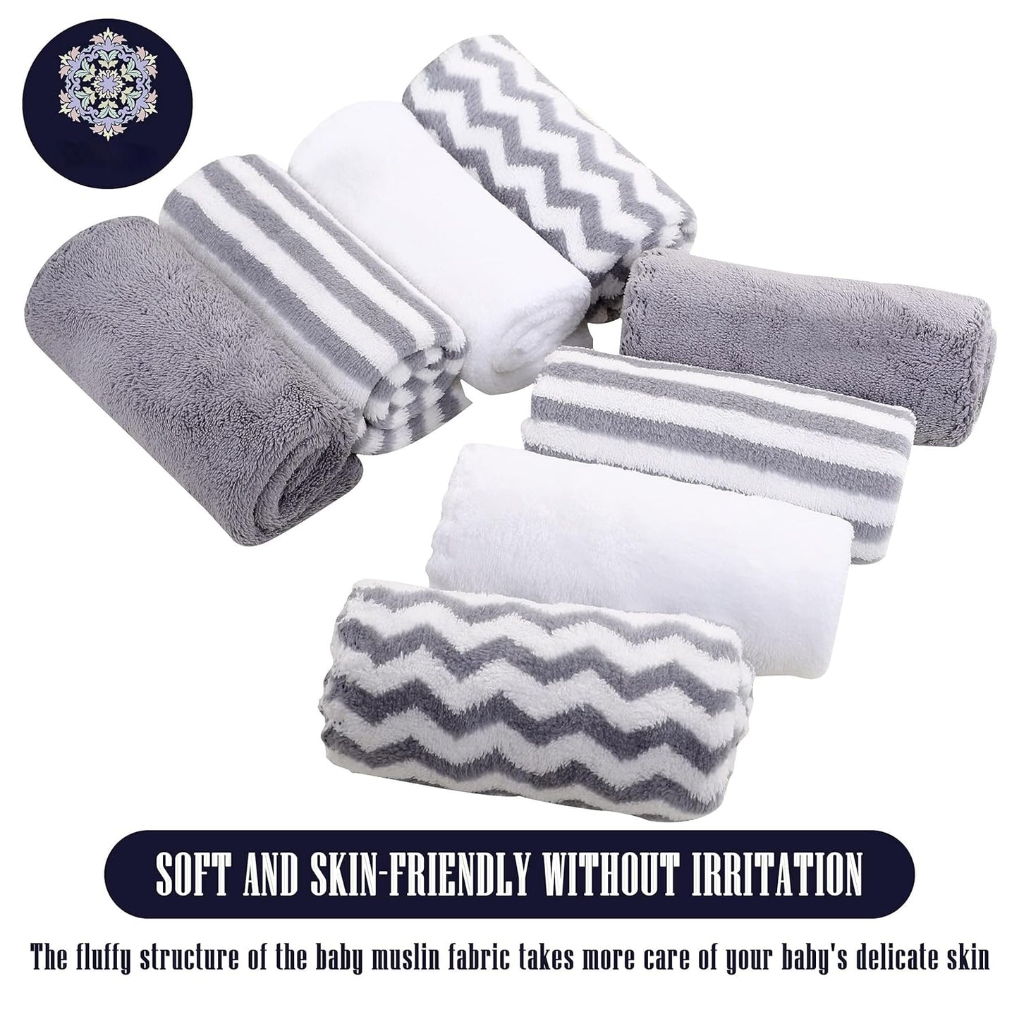 8 Pack Super Soft Baby Burp Cloths, Baby Washcloths, Ultra Absorbent Large Newborn Burping Cloth for Boy and Girl, Milk Spit up Rags, Unisex for Baby Sensitive Skin, Grey and White, 16 × 12 Inch