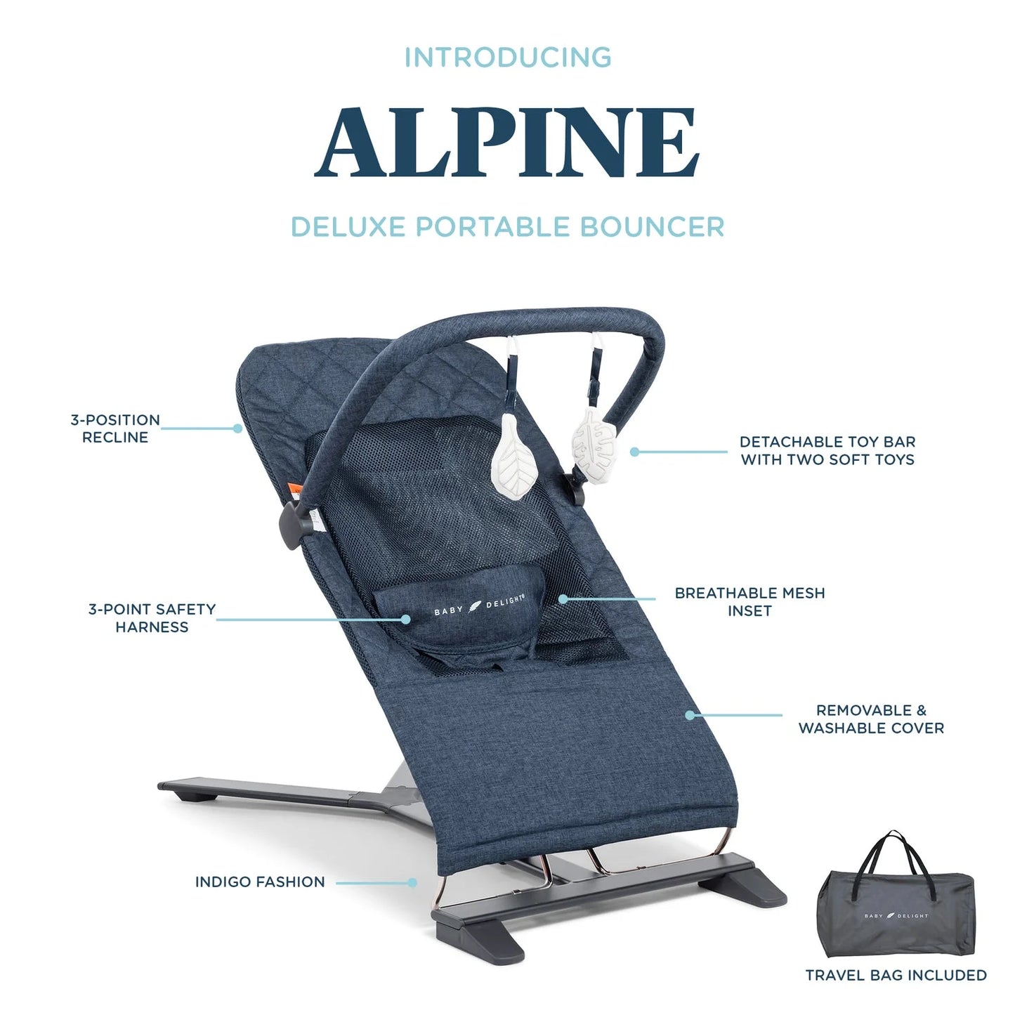 Alpine Deluxe Portable Baby Bouncer, for Infants 0-6 Months, Quilted Indigo