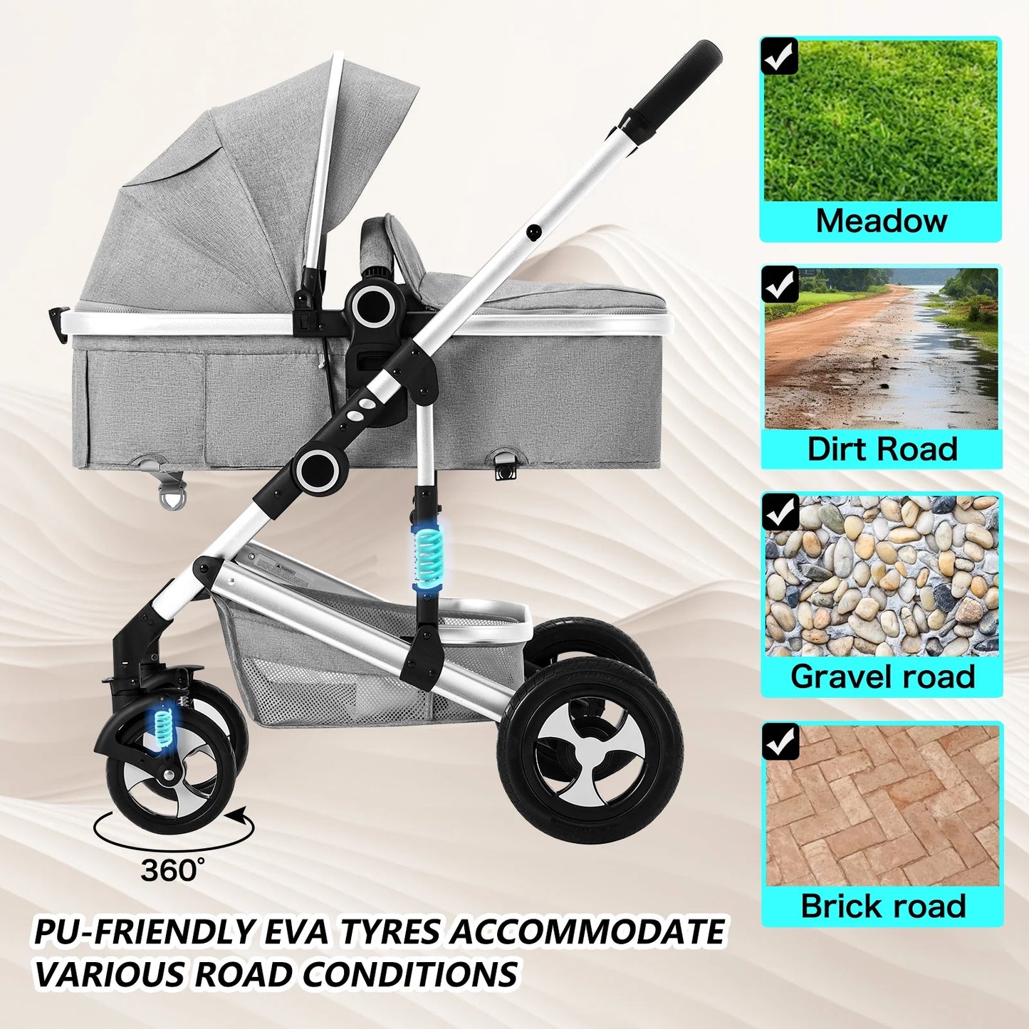 3-In-1 Convertible Baby Stroller with Big Seat and Adjustable Canopy, 24 Pound, Light Grey