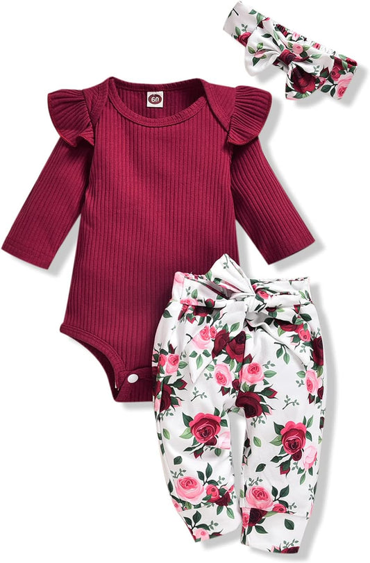 Preemie Newborn Infant Baby Girls Clothes Ribbed Romper Bodysuit Pants Set Fall Winter Outfits