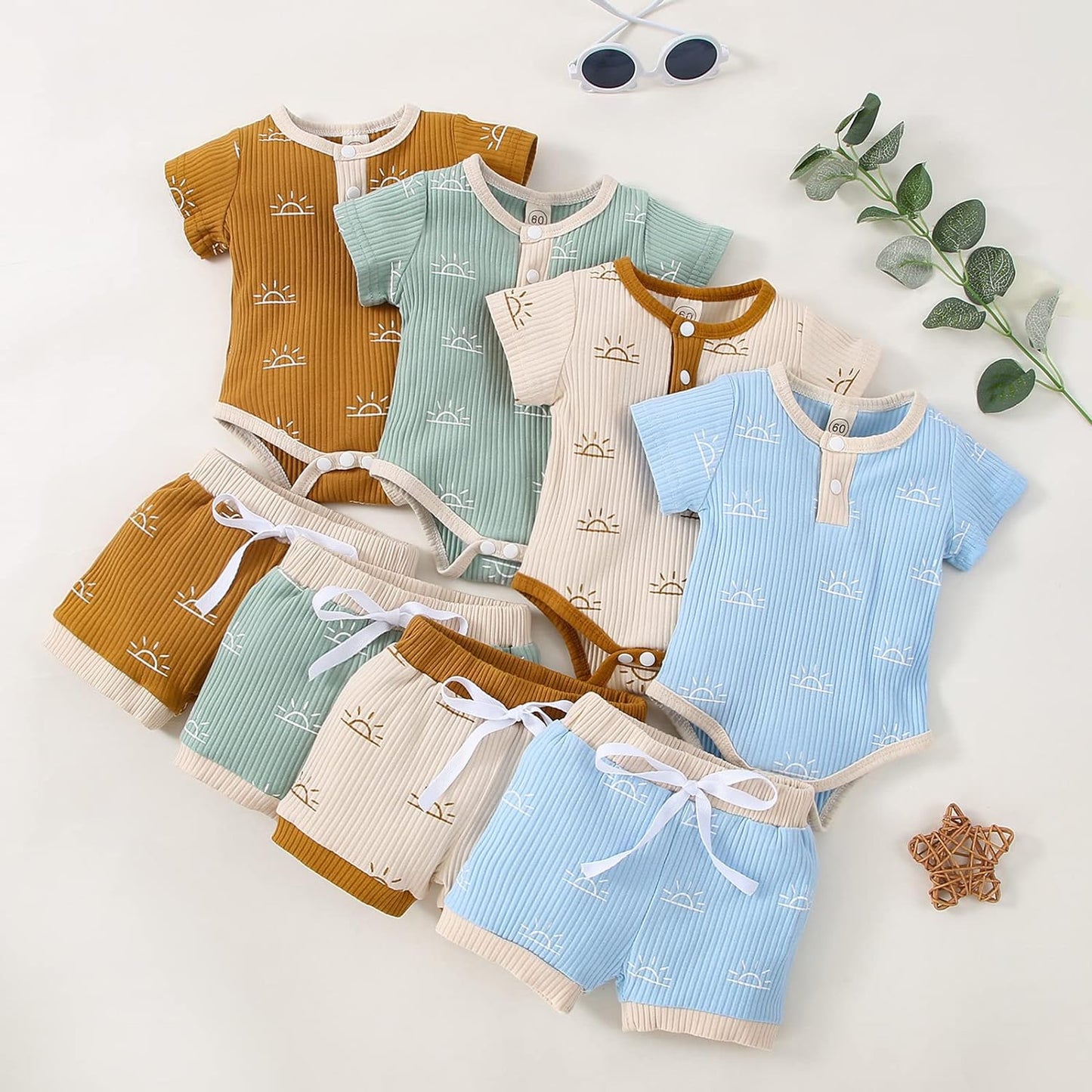 Unisex Babie Clothes Summer Girls Boys Short Sleeve Romper Drawstring Shorts 2-Piece 12-18 Months