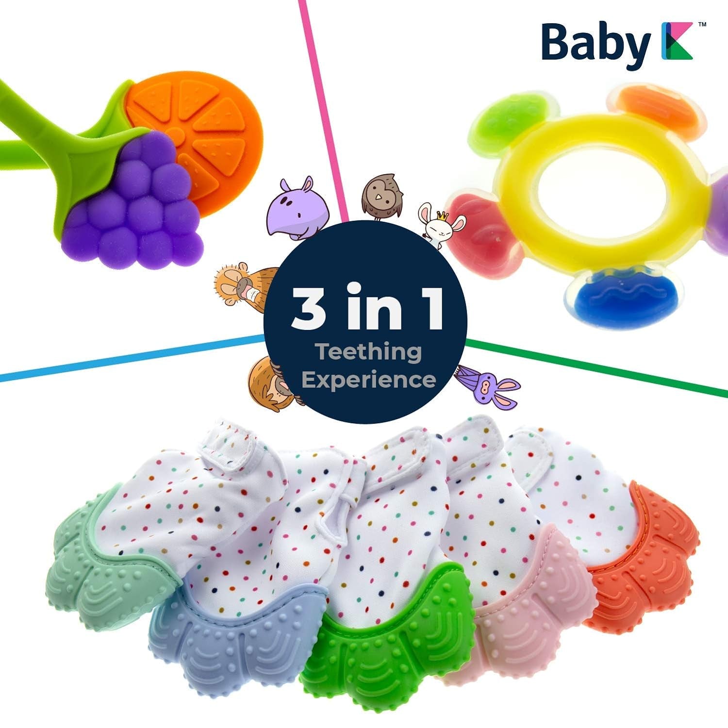 Teething Toys Set (Green Set B) - Baby Teething Mitten & Ferris Wheel Baby Teething Toys - Silicone Teether Toys for Infant Teething Relief - Fruit Teethers for Babies 0-6, 6-12 Months