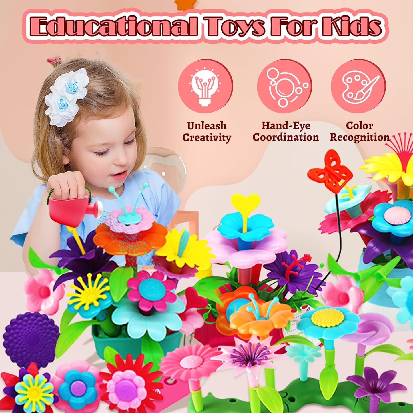Flower Garden Building Toys Set - Birthday Gifts for Age 2 3 4 5 6 Years Old Girl, STEM Montessori Educational Toy for Toddler Kid, Sorting & Stacking Spring Gardening Set for Birathday Gift