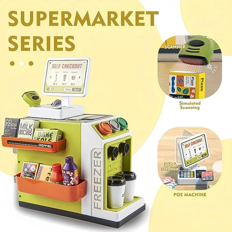 46PCS Upgraded Cash Register Playset for Kids, Cashier Register Toy, Kids Pretend Play Cash Register Toys with Scanner, Shopping Cart, Calculator, Play Food, Toys for Girls 3 6 Years-Green