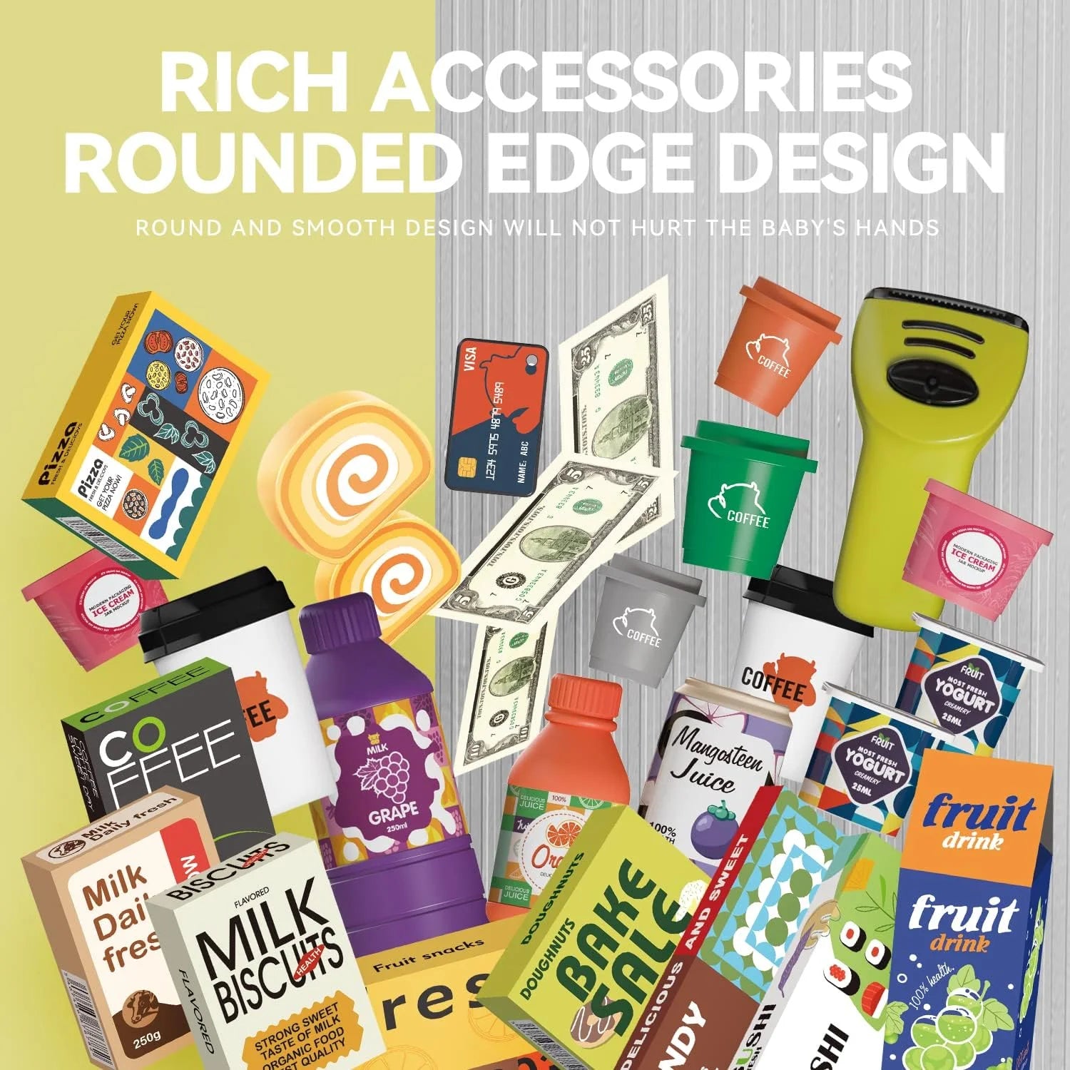 46PCS Upgraded Cash Register Playset for Kids, Cashier Register Toy, Kids Pretend Play Cash Register Toys with Scanner, Shopping Cart, Calculator, Play Food, Toys for Girls 3 6 Years-Green