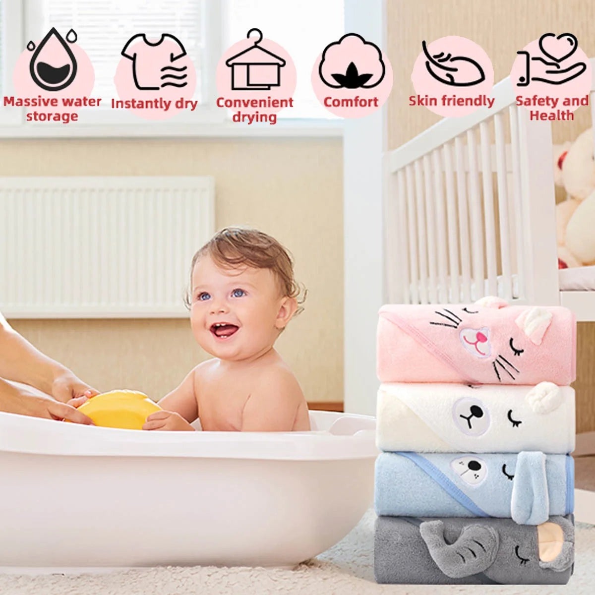 IFCOW 2Pcs Baby Hooded Towels Soft Cotton Baby Bath Towel ，31.5 X 31.5" Ultra Absorbent Towel for Newborn Toddler Infants Babie Gifts