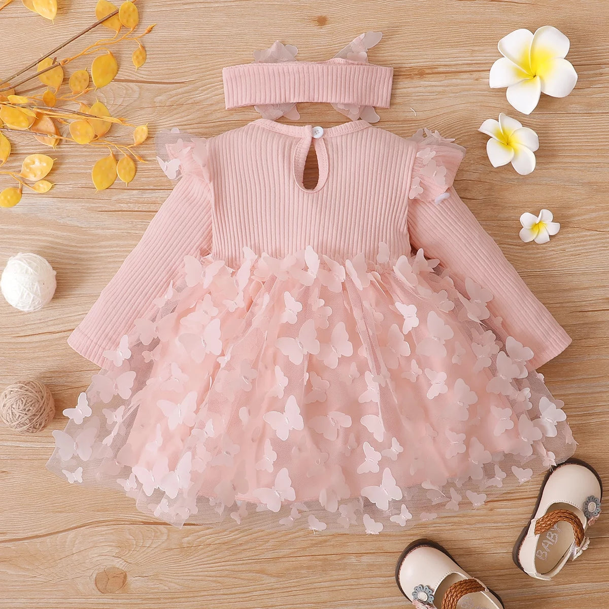 2Pcs Baby Girl Pink Mesh Dress Set,Ribbed Long Sleeve Splicing 3D Butterfly Appliques Princess Dress Pageant Party Birthday Wedding Flower Girl Dress,0-3T