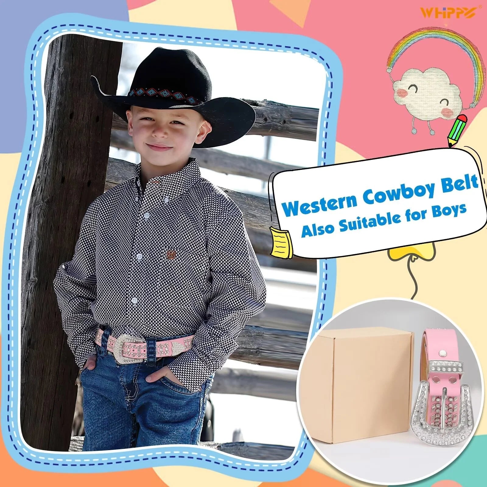 Kids Western Belt for Girls Boys Toddler Cowboy Cowgirl Belt for Jeans Dresses Rhinestone Studded Leather Belt