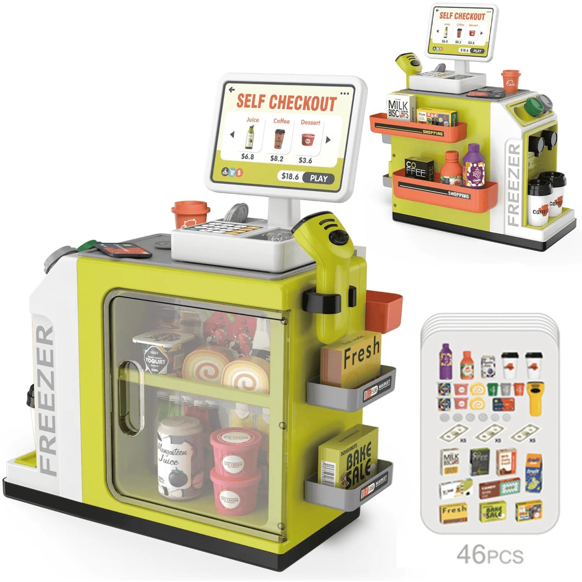 46PCS Upgraded Cash Register Playset for Kids, Cashier Register Toy, Kids Pretend Play Cash Register Toys with Scanner, Shopping Cart, Calculator, Play Food, Toys for Girls 3 6 Years-Green