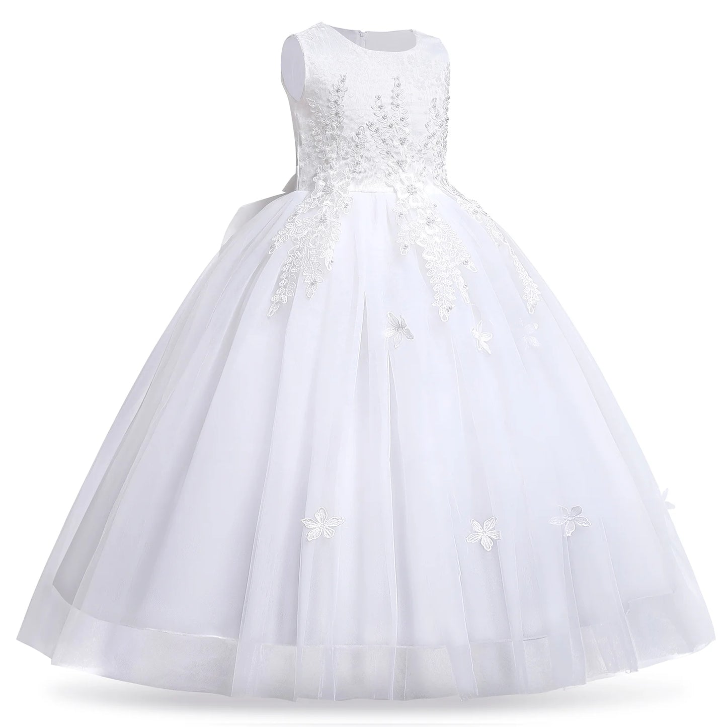 Kids Girls Flower Vintage Lace Princess Long Dress Tulle Pageant Formal Party Wedding Floor Dance Evening Gown 13-14 Years White