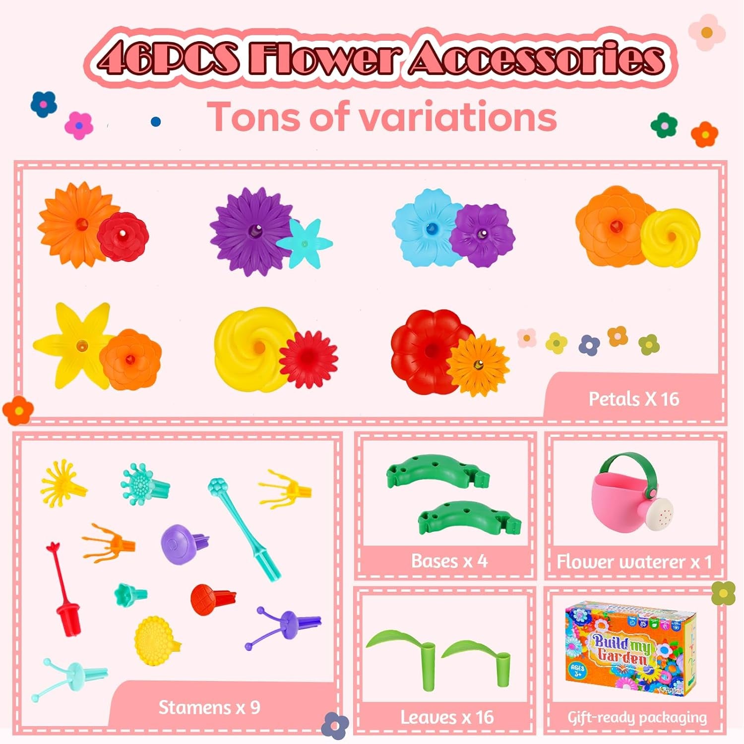 Flower Garden Building Toys Set - Birthday Gifts for Age 2 3 4 5 6 Years Old Girl, STEM Montessori Educational Toy for Toddler Kid, Sorting & Stacking Spring Gardening Set for Birathday Gift