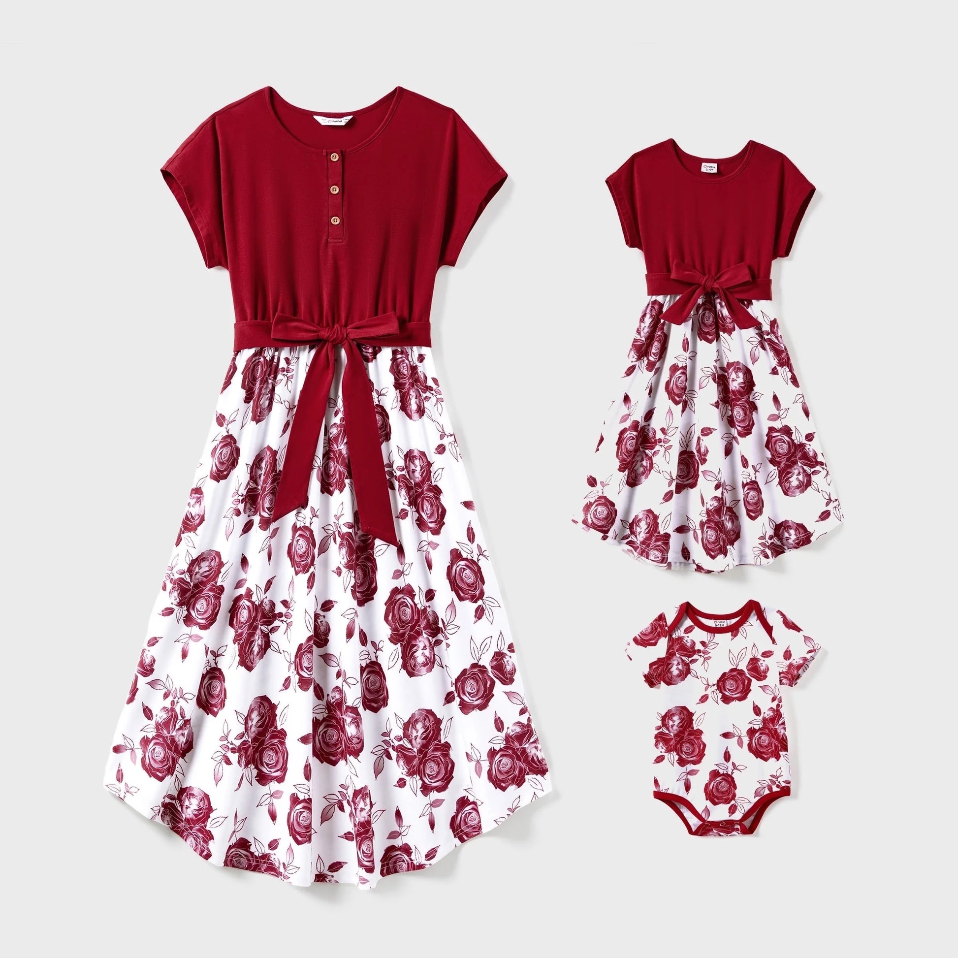 Family Matching Button Belted Spliced A-Line Dress Sets Baby Romper 3-18M