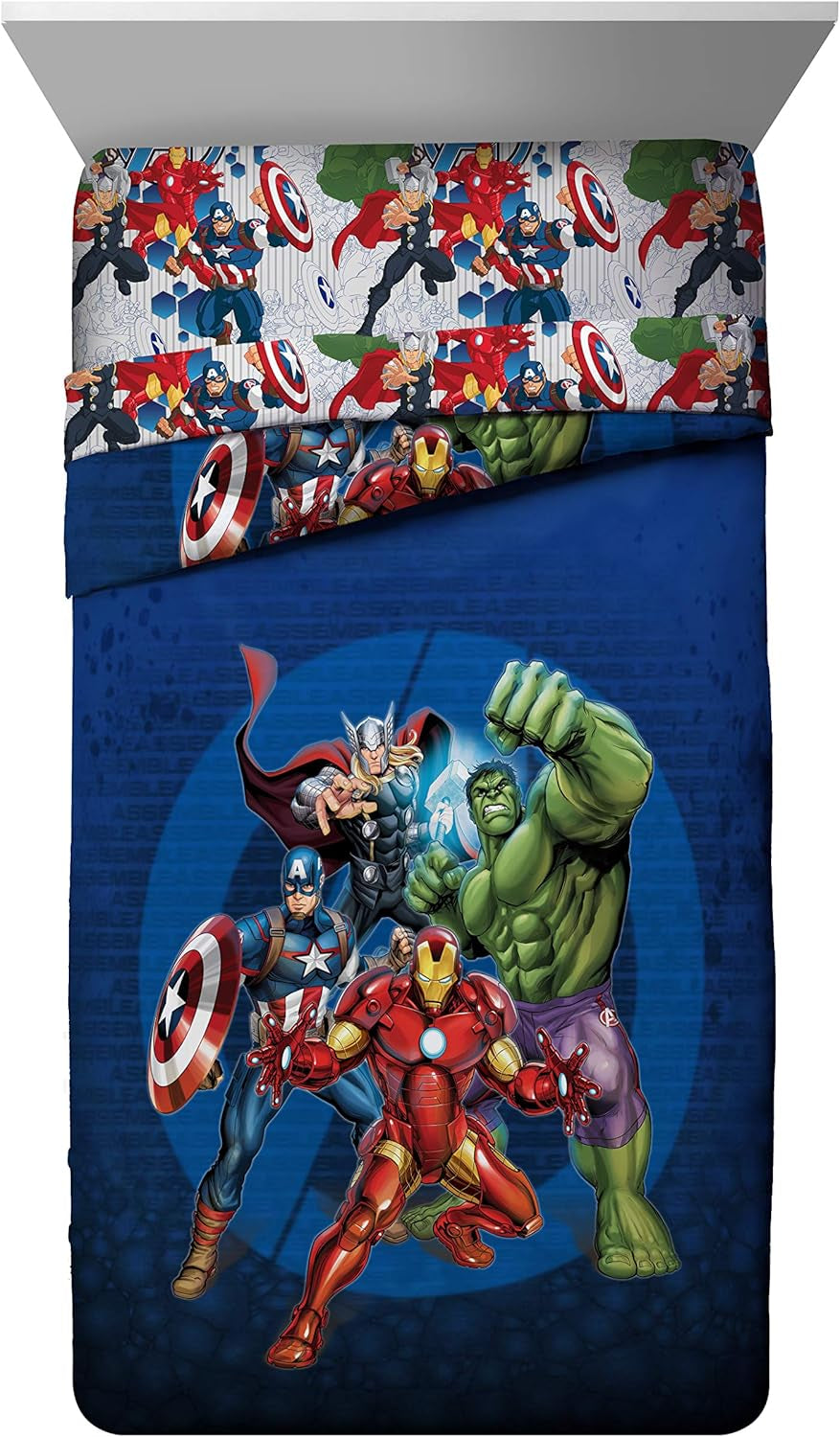 Marvel Avengers Blue Circle 5 Piece Full Bed Set - Includes Reversible Comforter & Sheet Set - Bedding Features Captain America & Iron Man - Fade Resistant Microfiber (Official Marvel Product)
