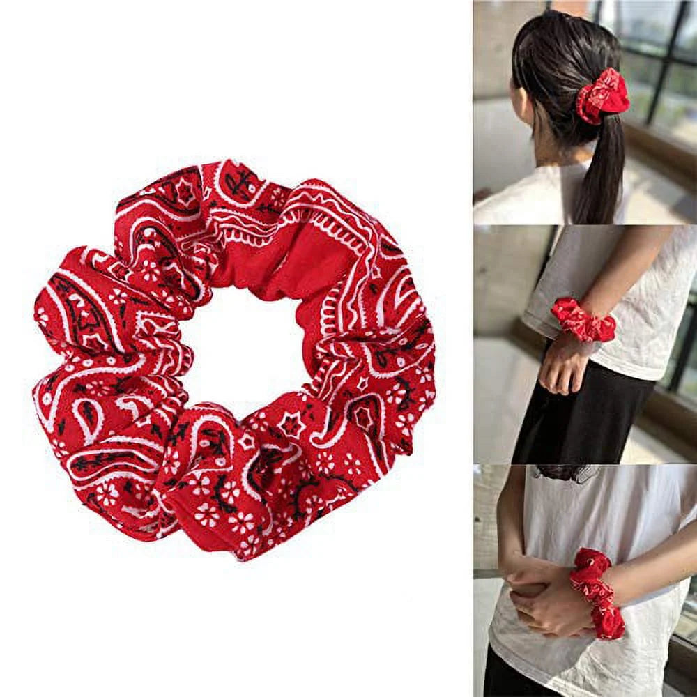 Women Cotton Bandana Print Hair Ties, Paisley, 5 Ct