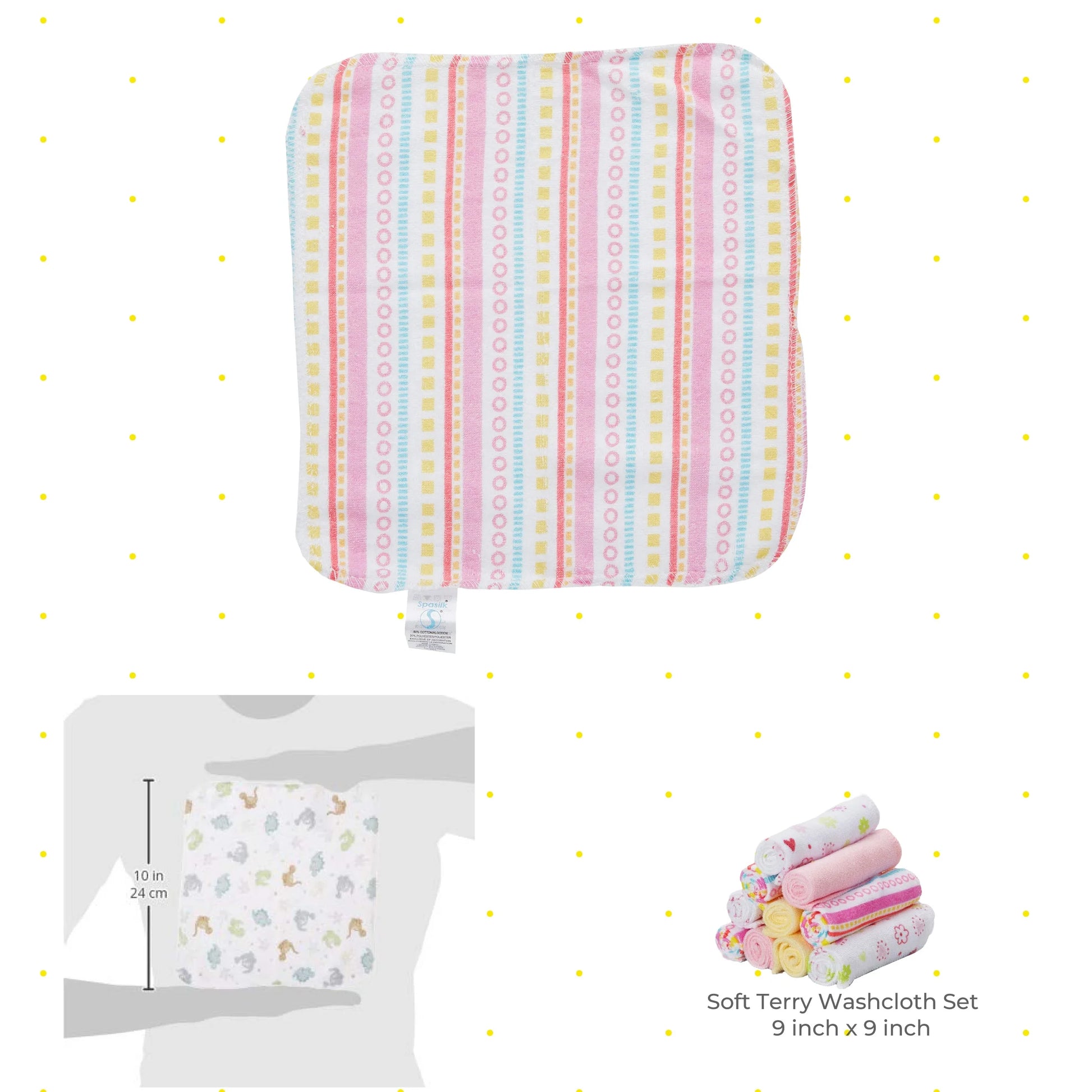 Washcloth Wipes Set for Newborns and Infants, Terry Bathtime Essentials, Pack of 10, Pink Stripes
