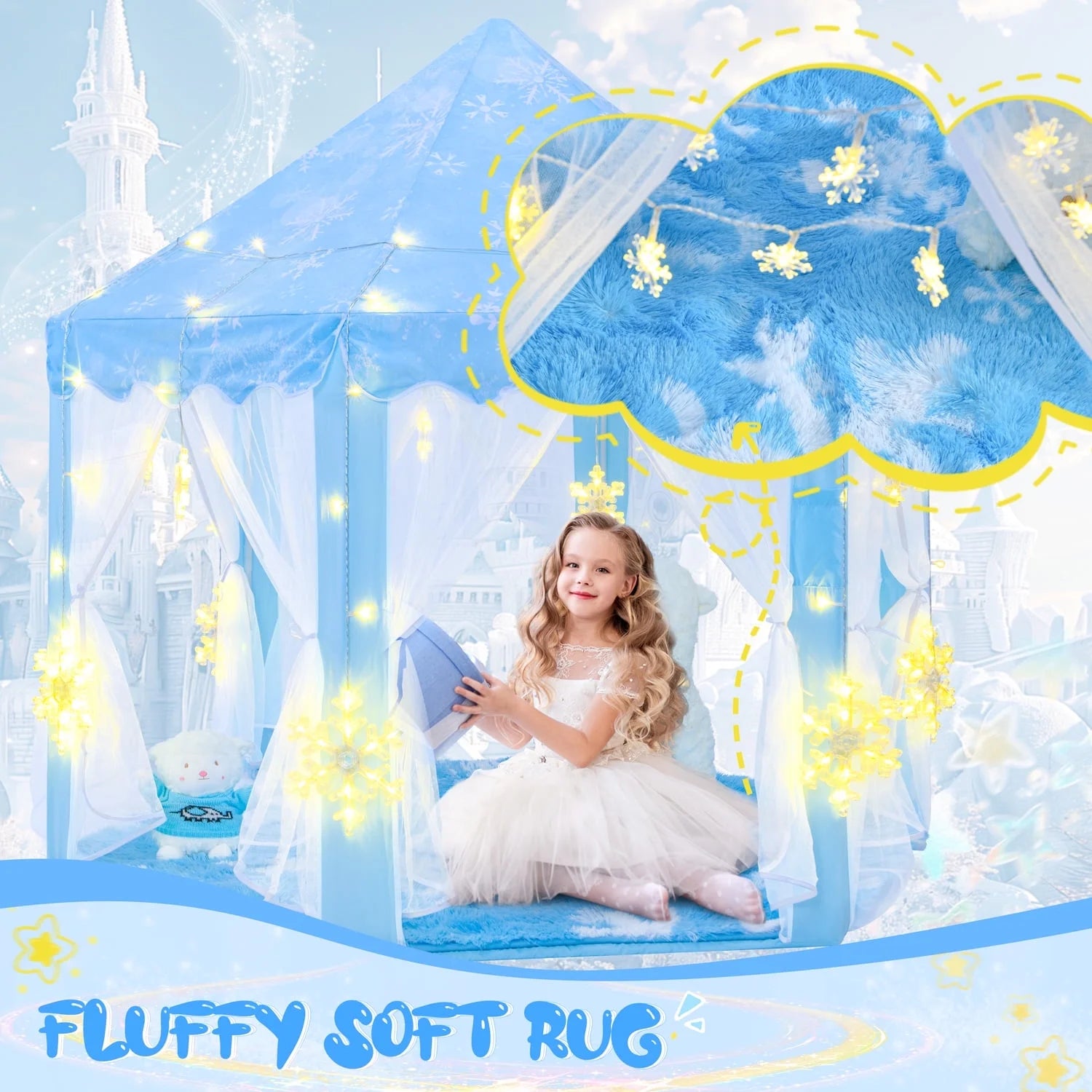 Frozen Princess Tent with Large Snowflake Lights, Frozen Tent for Girls Age 4-7, Kids Play Tent for Girls Indoor, Princess Castle Playhouse Tent for Toddlers, Blue Frozen Toy Tent 55X53 Inch