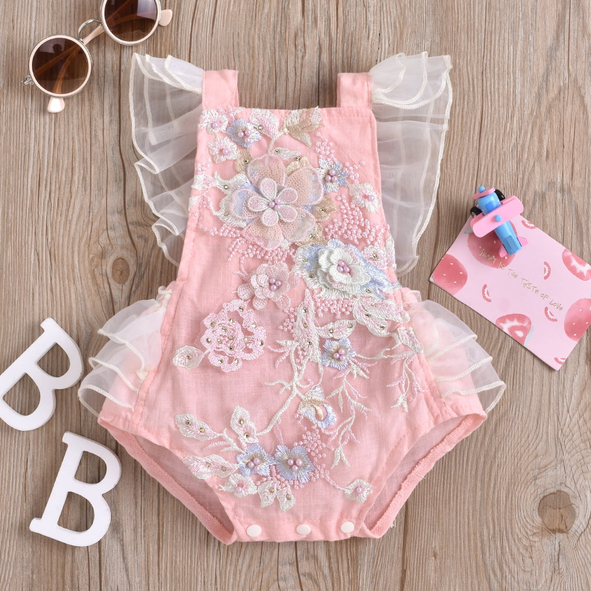 Baby Girls Lace Bodysuit Boho Clothes 1St Birthday Cake Smash Outfit Newborn Photography Outfits Summer Sunsuit 3-6 Months Pink Floral Embroidery