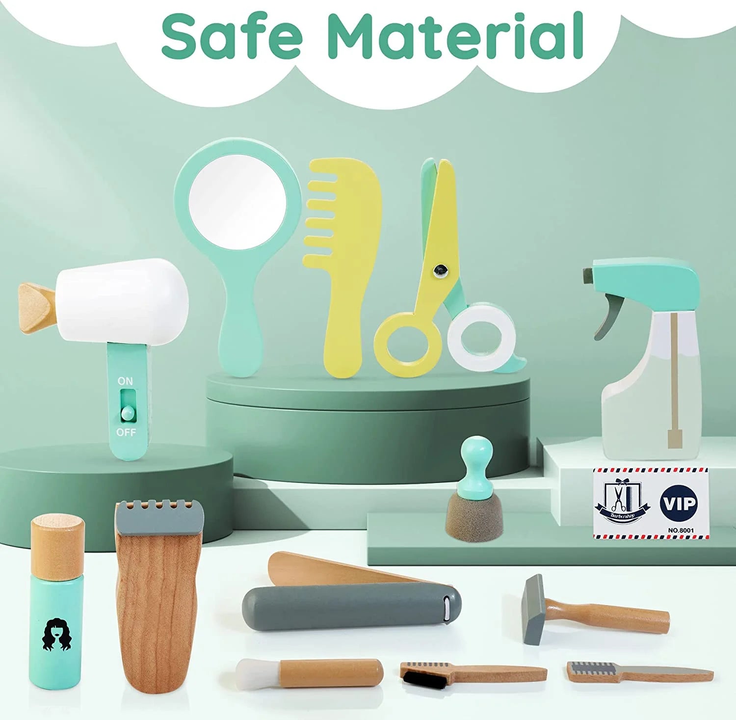 Kids Hair Salon Playset, Wooden Makeup Toy Set, Hair Styling Toys for Girls, Kids Shaving Kit for Boys, Kids Barber Playset, Gifts for 3 4 5 Year Old Girls Boys (18 PCS)