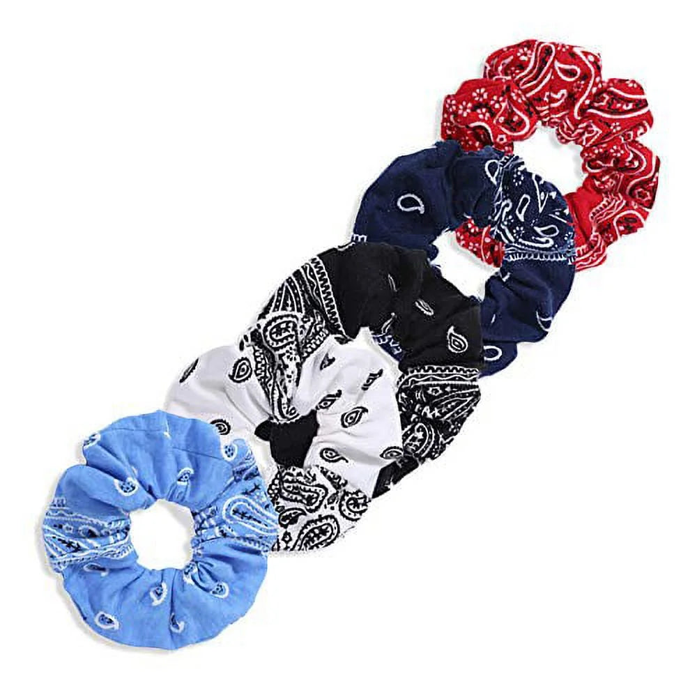 Women Cotton Bandana Print Hair Ties, Paisley, 5 Ct