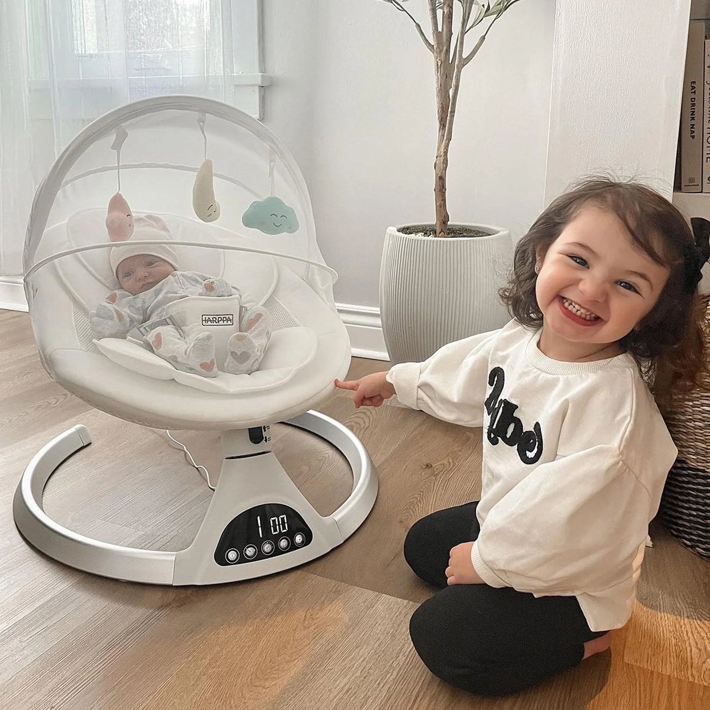 Electric Baby Swing for Infants with Bluetooth Music, 5 Sway Speed, Remote Control, White
